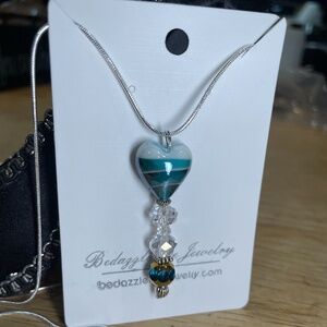 Blue/Green heart glass bead and clear & green crystals on a silver plated chain